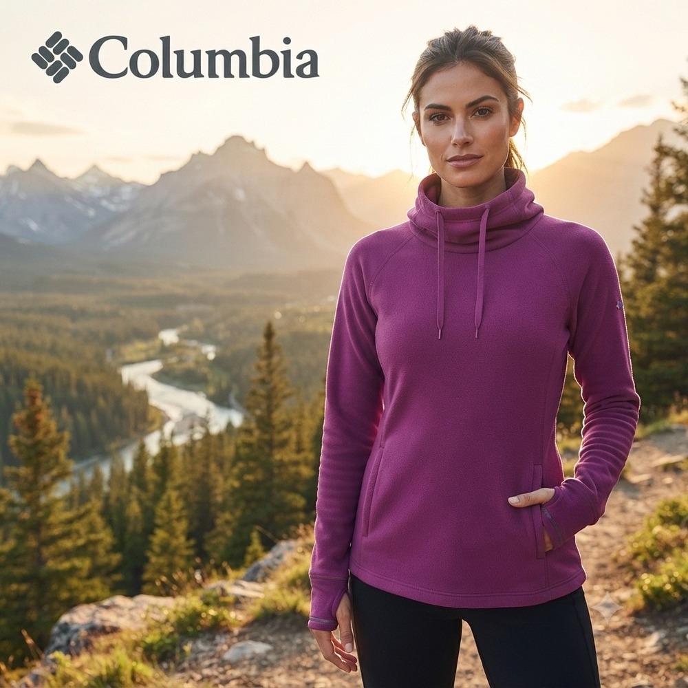 Columbia Womens Omni-Wick Fleece Hoodie Purple Cowl Neck Thumbholes Pullover XS